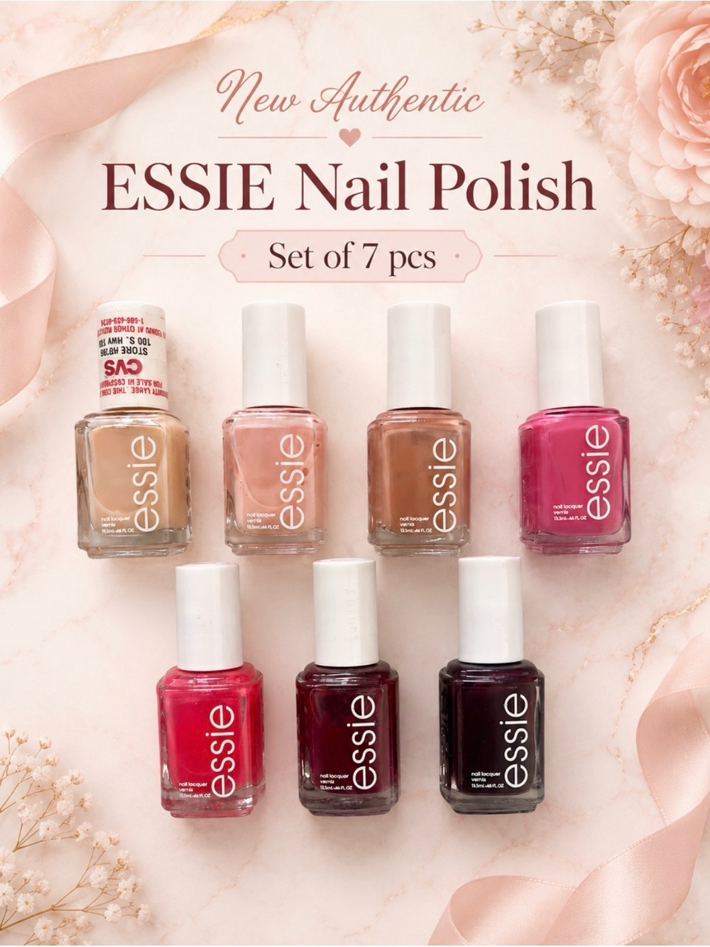 $79 NEW SET of 7 PCS ESSIE Nail Polish Lot - Neutrals to Berry Pinks